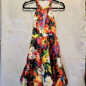 NWT Luxxel Mini Fit & Flare Halter Dress Womens S Multicolor Keyhole‎ Open Back